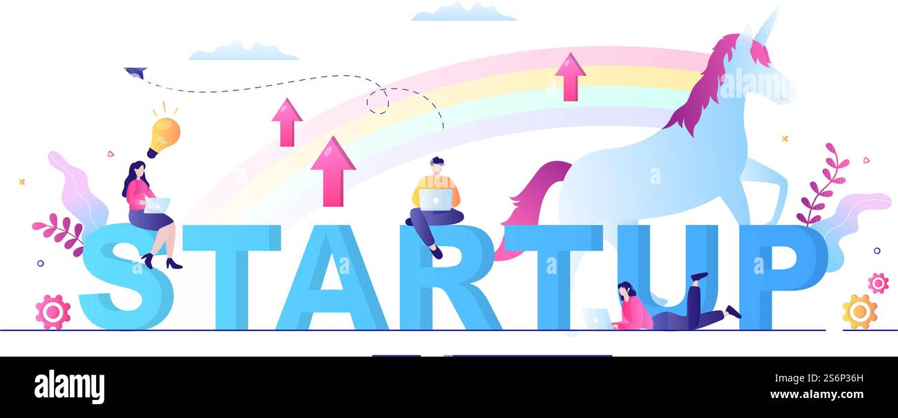 Illustrazione del vettore Symbol Startup di Unicorn Business. L'uomo d'affari del processo di sviluppo, del prodotto innovativo e dell'idea creativa vede l'obiettivo di avere successo Illustrazione Vettoriale