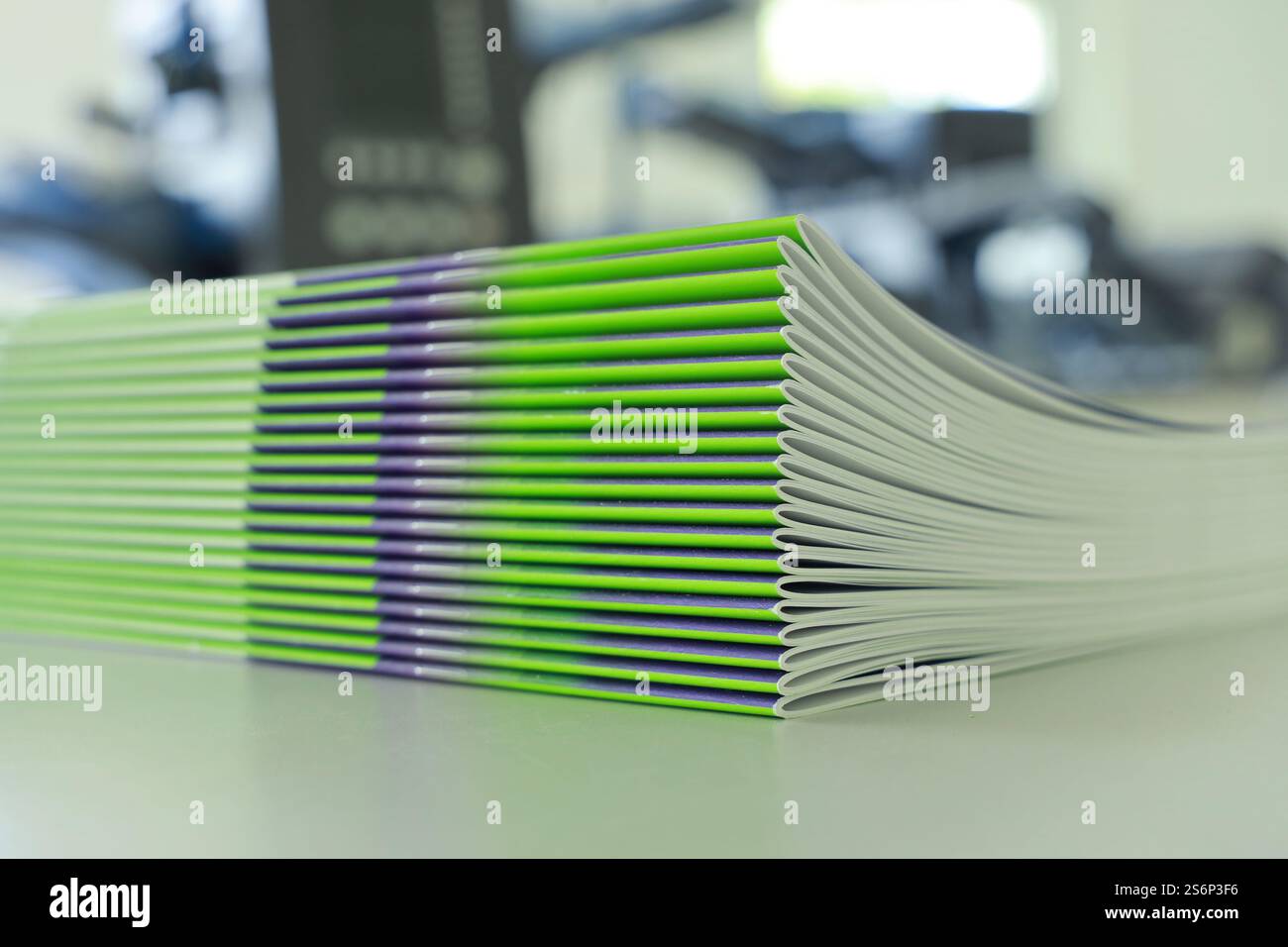 Opuscoli per la stampa cuciti nella libreria o nella tipografia. Stampa ordinata con colonna vertebrale. Negozio di lettere o raccoglitore di libri. Foto Stock