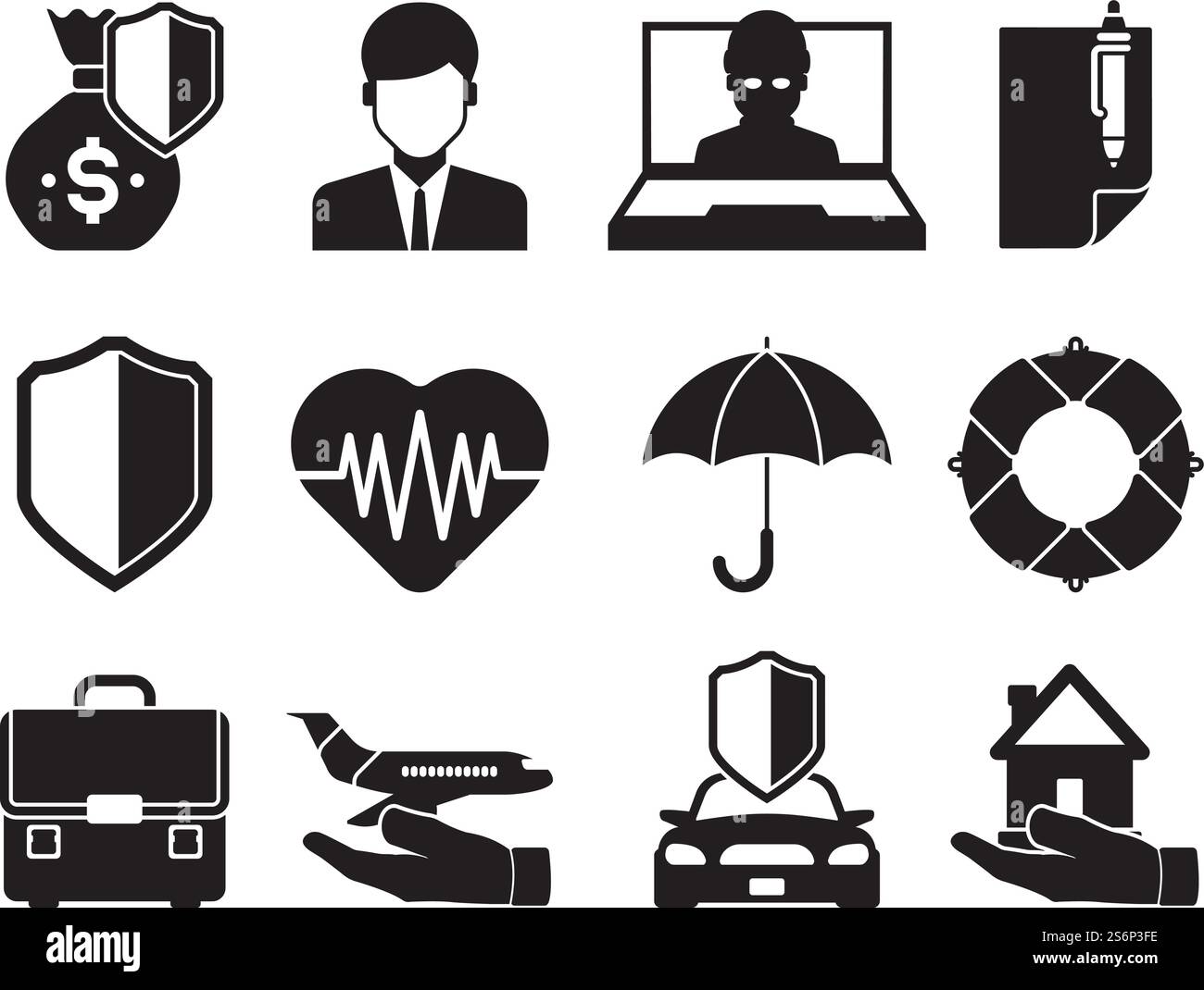 Silhouette assicurative. Collezione di icone di assicurazione contro i danni di proprietà della vita di protezione contro i disastri di casa o di lavoro. Set di icone di assicurazione in bianco e nero, illustrazione di protezione e protezione. Silhouette assicurative. Collezione di icone di assicurazione contro i danni di proprietà della vita di protezione contro i disastri di casa o di lavoro Illustrazione Vettoriale