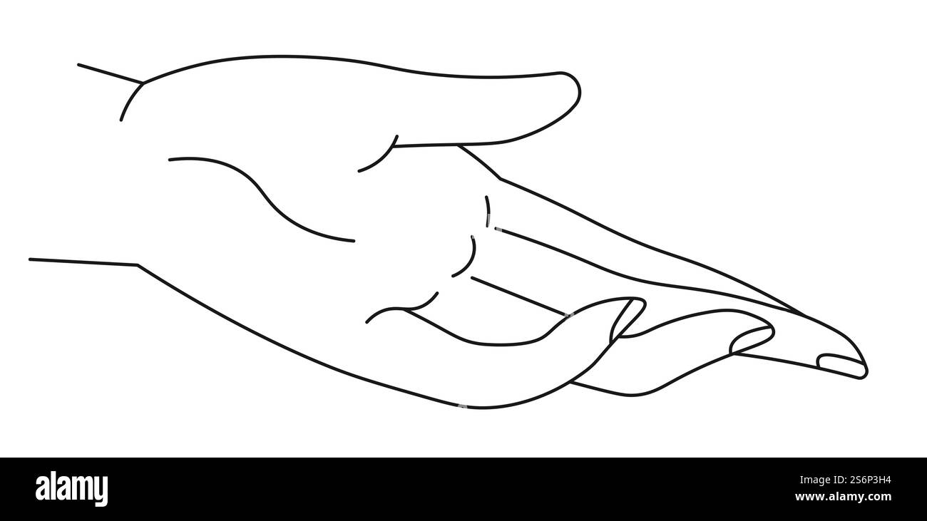 Palmo e dita che danno o prendono gesti, disegni in linea isolati che disegnano una rappresentazione minimalista e semplice. Comunicazione in modo non verbale, gesti e parole spiegazione per la disattivazione. Vettore in stile piatto. Dare o prendere le mani, disegnare in linea il palmo e le dita Illustrazione Vettoriale