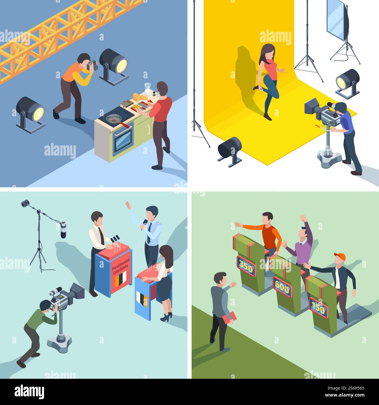 Produzione di programmi televisivi. Trasmissione digitale quiz tv talk show partecipanti set isometrico vettoriale. Studio Production digitale, trasmissione show illustrazione televisiva. Produzione di programmi televisivi. Trasmissione digitale quiz tv talk show partecipanti set isometrico vettoriale Illustrazione Vettoriale