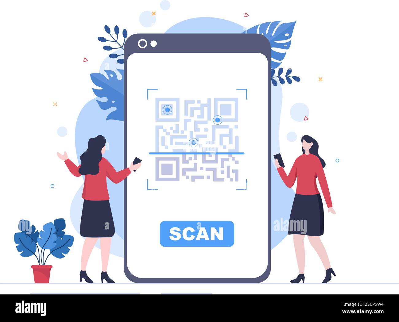 Scanner di codici QR per pagamenti online, pagamenti elettronici e trasferimenti di denaro su smartphone con App in mano. Illustrazione del vettore di sfondo Illustrazione Vettoriale
