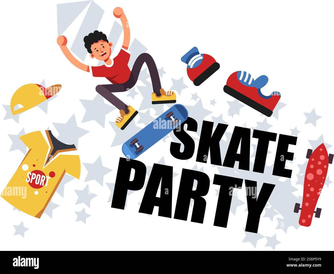 Adolescenti e preadolescenti che mostrano abilità e trucchi durante la festa di skate. Skateboard con attrezzatura e uniforme nelle competizioni nel parco. Sport e hobby di ragazzi, divertimento per i bambini. Vettore in stile piatto. Skate party, ragazzi che mostrano abilità su skateboard Illustrazione Vettoriale