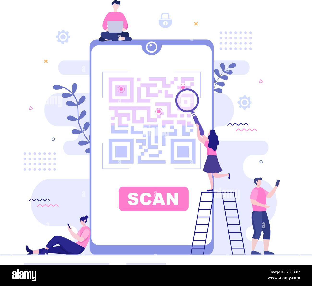 Scanner di codici QR per pagamenti online, pagamenti elettronici e trasferimenti di denaro su smartphone con App in mano. Illustrazione del vettore di sfondo Illustrazione Vettoriale
