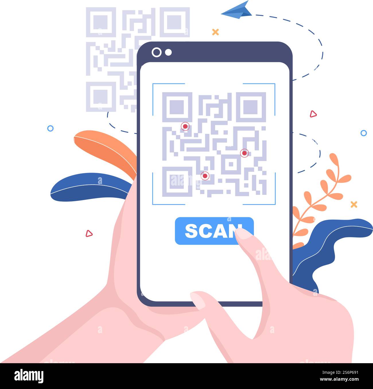 Scanner di codici QR per pagamenti online, pagamenti elettronici e trasferimenti di denaro su smartphone con App in mano. Illustrazione del vettore di sfondo Illustrazione Vettoriale