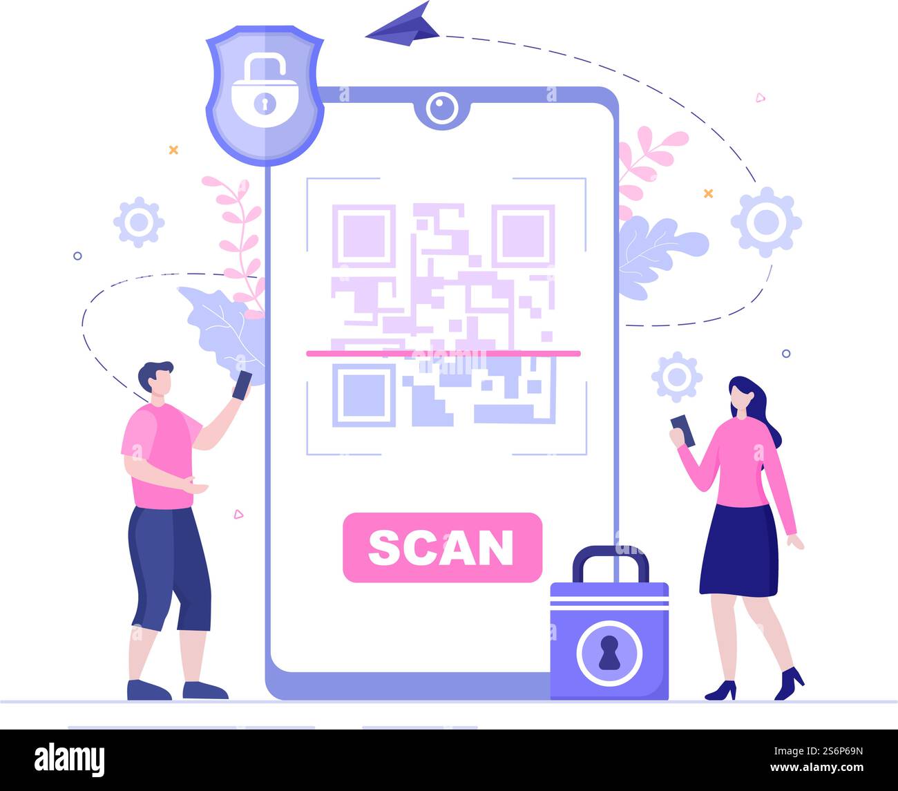 Scanner di codici QR per pagamenti online, pagamenti elettronici e trasferimenti di denaro su smartphone con App in mano. Illustrazione del vettore di sfondo Illustrazione Vettoriale