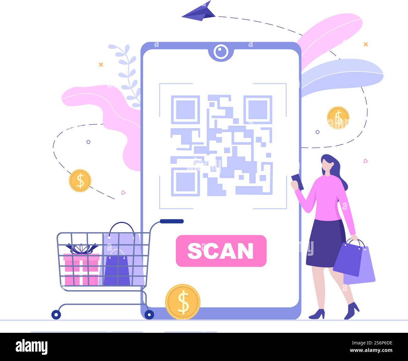 Scanner di codici QR per pagamenti online, pagamenti elettronici e trasferimenti di denaro su smartphone con App in mano. Illustrazione del vettore di sfondo Illustrazione Vettoriale