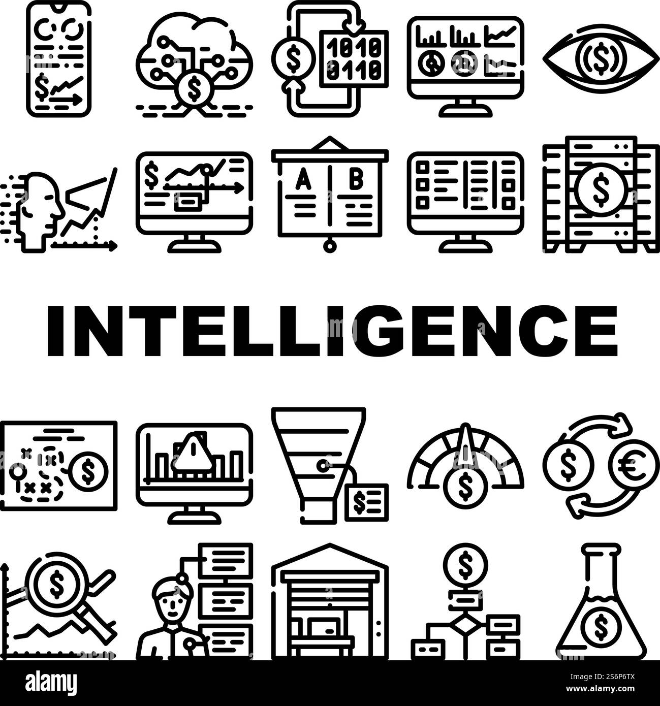 Le icone della tecnologia di Business Intelligence impostano Vector. Grafico di analisi e analisi della Business Intelligence e infografica, Digital Strategy and Science, Trade Market Research Contour Illustrations. Le icone della tecnologia di Business Intelligence impostano Vector Illustrazione Vettoriale