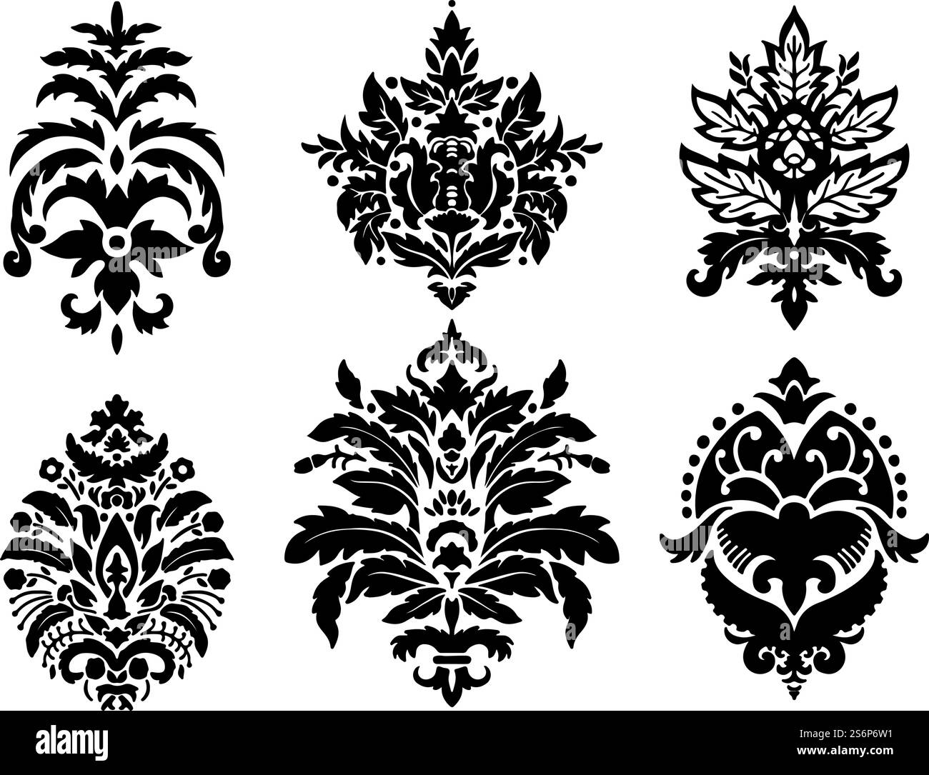 Silhouette con motivi damascati e ornamenti, stampe decorative. Elemento decorativo classico arabesco isolato, botanica orientale o barocca. Fiori e fogliame con foglie. Vettore in stile piatto. Decorazioni damascate, fiori e motivi silhouette Illustrazione Vettoriale