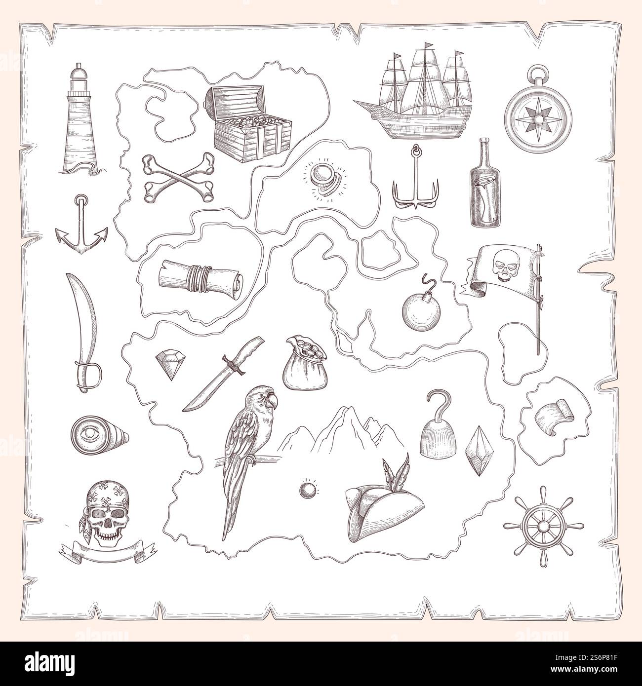 Simboli dei pirati. Antica mappa di tesori navi marine medievali e armi antiche creature oceaniche oggetti nautici vettoriali. Mappa a pergamena, cartografia antica vintage, tesoro e antichità. Simboli dei pirati. Antica mappa di tesori navi marine medievali e armi antiche creature oceaniche oggetti nautici vettoriali Illustrazione Vettoriale