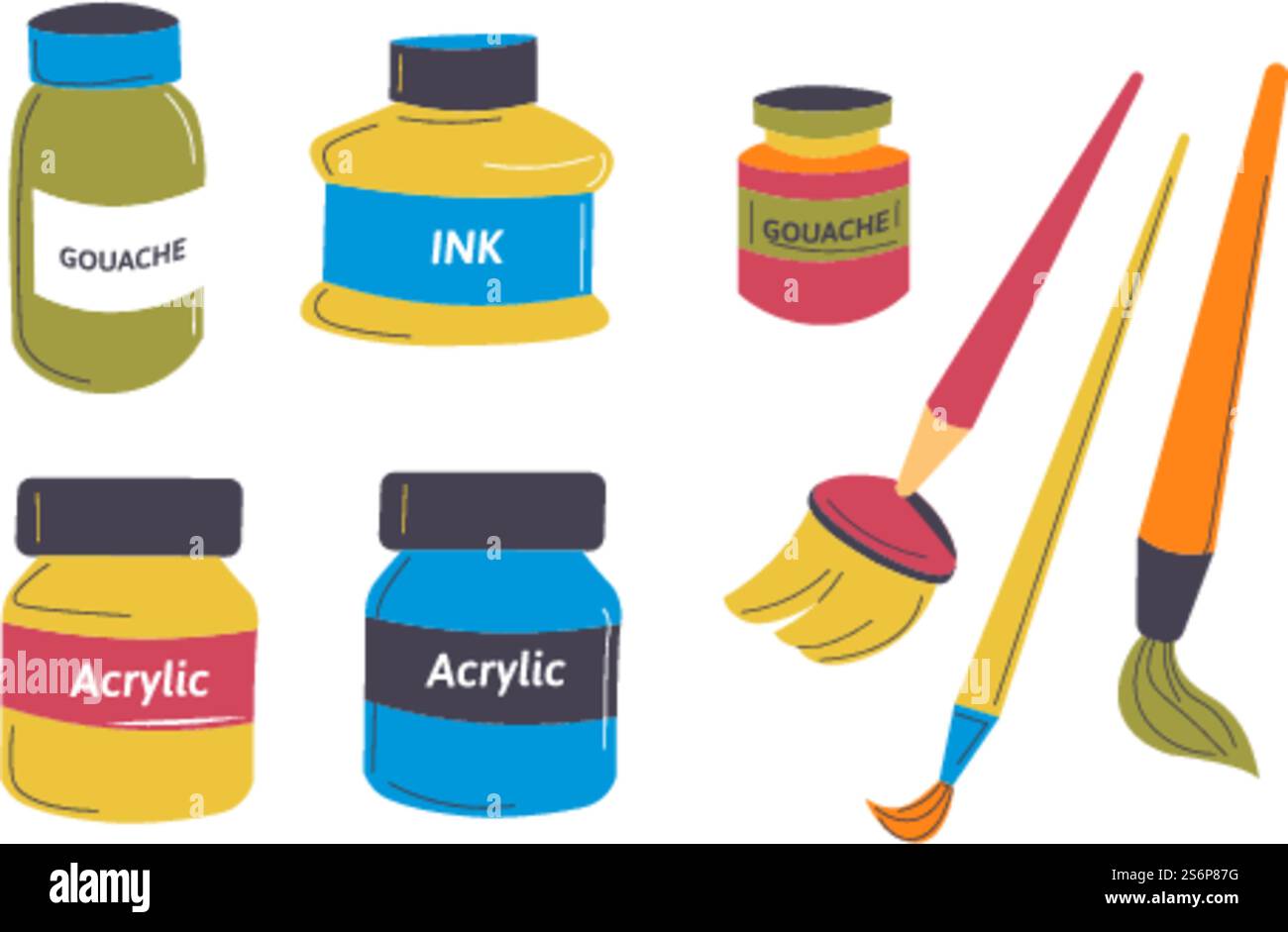 Forniture per disegni per lezioni di pittura e arte, kit isolato di vernici e pigmenti in tubi. Spazzole con setole spesse e morbide. Corsi scolastici o universitari, corsi di artisti. Vettore in stile piatto. Pitture e pigmenti in tubi, pennelli da disegno Illustrazione Vettoriale