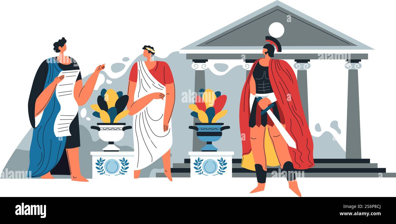 Antica città di roma o grecia, cittadino con annuncio e soldato con armatura. Persone che comunicano o discutono. Forze militari e giudici che fanno la dichiarazione. Immagine vettoriale in stile piatto. Soldato greco o romano e cittadino nell'antica città Illustrazione Vettoriale