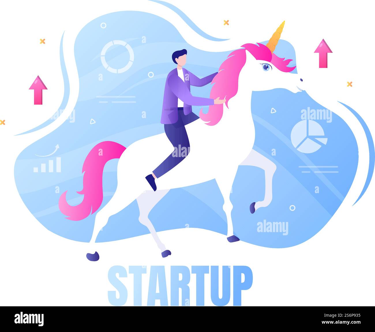 Illustrazione del vettore Symbol Startup di Unicorn Business. L'uomo d'affari del processo di sviluppo, del prodotto innovativo e dell'idea creativa vede l'obiettivo di avere successo Illustrazione Vettoriale