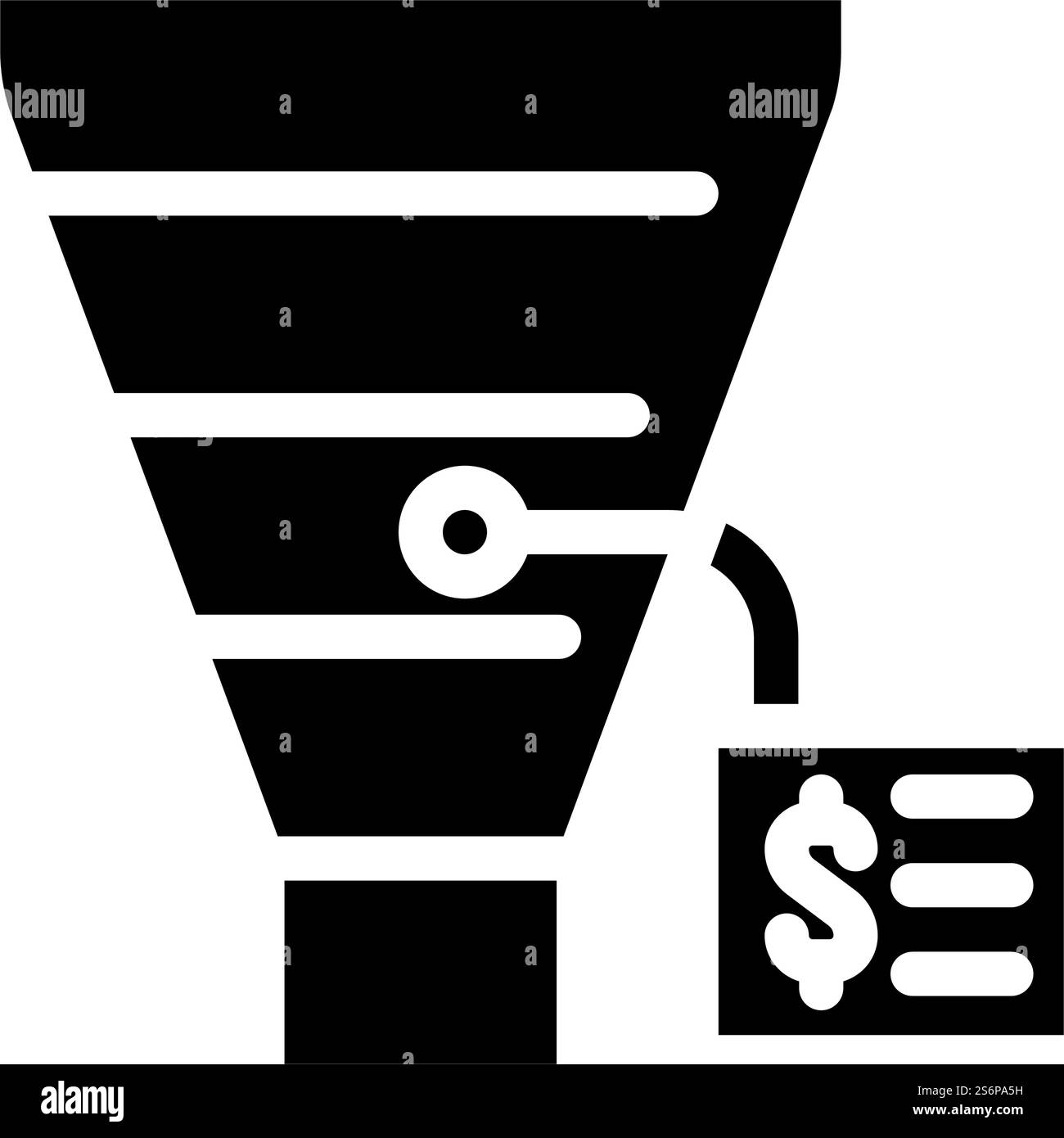 vettore icona glifo del sistema di filtrazione a imbuto per business intelligence. segnale sistema di filtrazione business intelligence a imbuto. illustrazione nera del simbolo del contorno isolato. illustrazione vettoriale dell'icona del glifo del sistema di filtrazione a imbuto di business intelligence Illustrazione Vettoriale