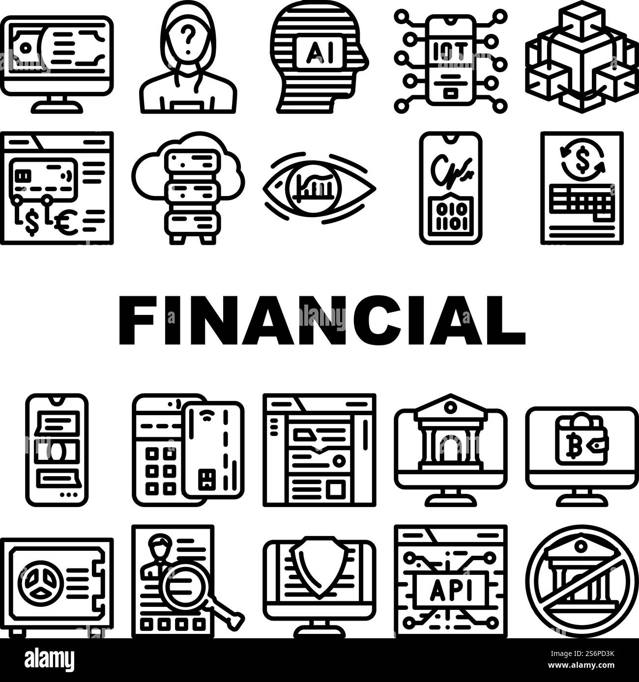 Icone software e tecnologia finanziaria Set Vector. API e tecnologia finanziaria IoT, Banca online e pagamenti con terminale POS carta di credito, illustrazioni di contorni neri in valuta digitale cripto e denaro. Icone software e tecnologia finanziaria Set Vector Illustrazione Vettoriale
