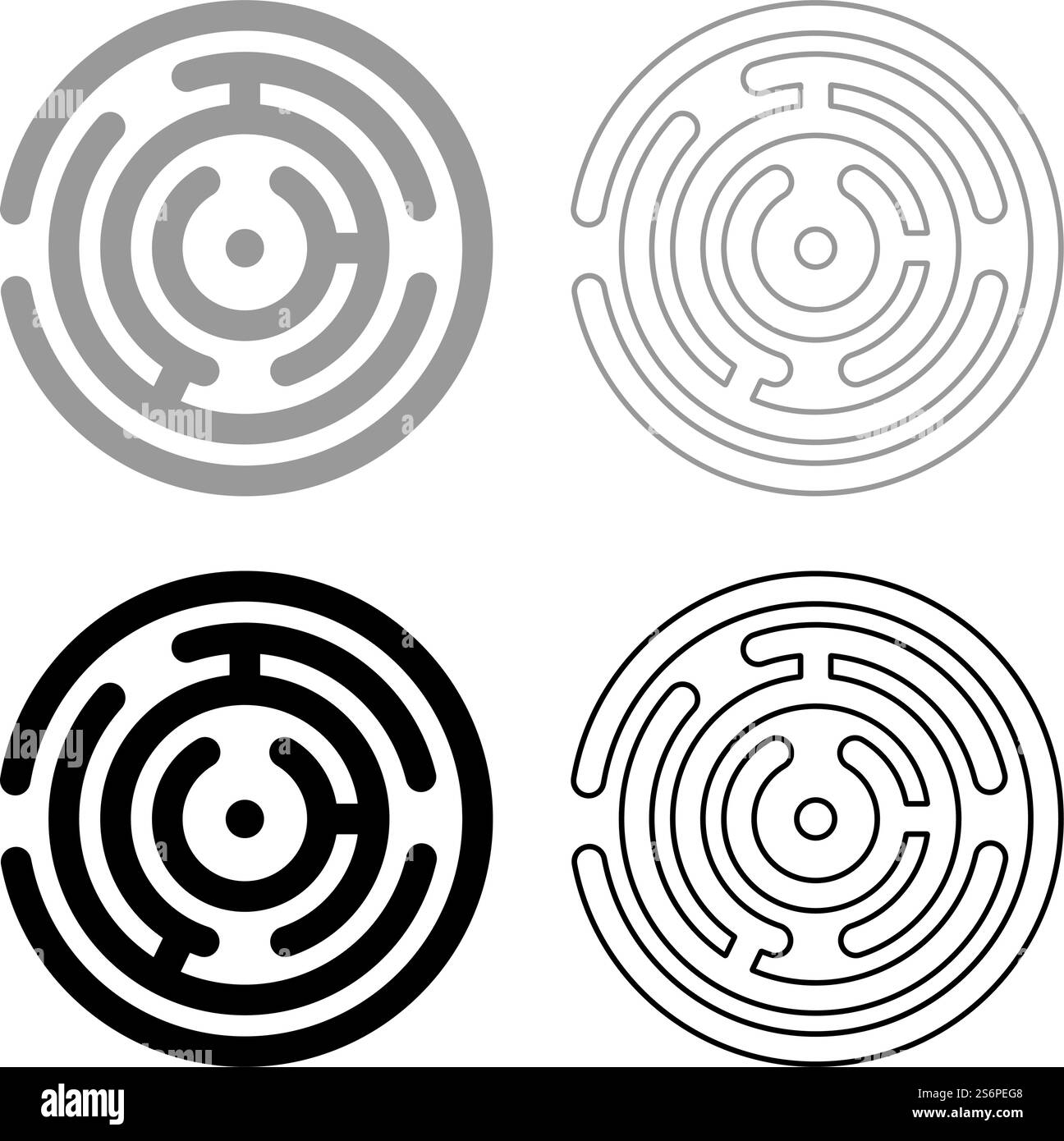 Icona Set labirinto rotondo colore grigio nero immagine vettoriale immagine semplice stile piatto contorno riempimento solido linea sottile. Icona Set labirinto rotondo colore grigio nero immagine vettoriale stile piatto contorno pieno linea sottile Illustrazione Vettoriale