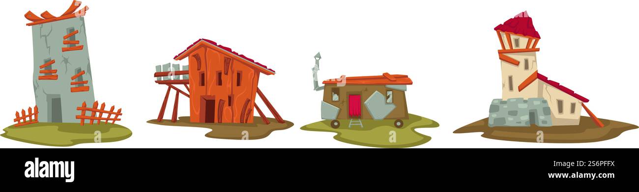 Costruzioni in cattive condizioni, campagna con edifici o case vecchie e distrutte. Esterni e facciate di monumenti storici in città. Antica torre in mattoni. Vettore in stile piatto. Vecchi edifici e case, case rurali Illustrazione Vettoriale Costruzioni in cattive condizioni, campagna con edifici o case vecchie e distrutte. Esterni e facciate di monumenti storici in città. Antica torre in mattoni. Vettore in stile piatto. Vecchi edifici e case, case rurali Illustrazione Vettoriale