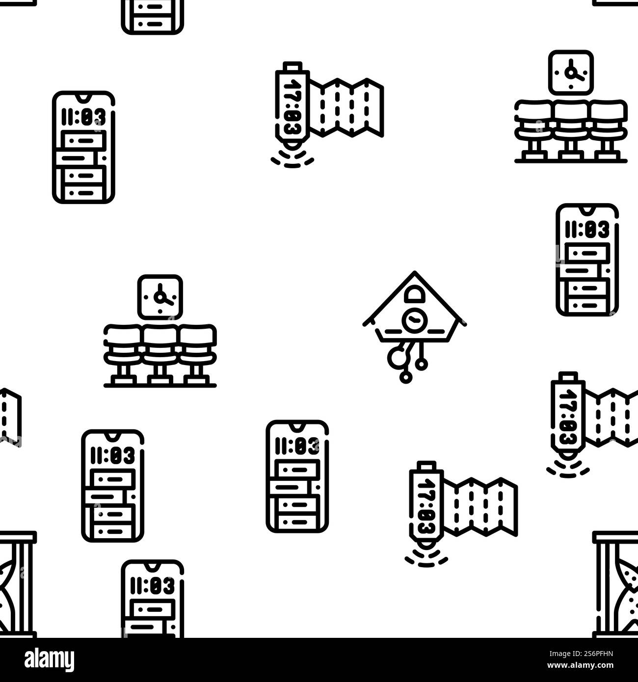 Illustrazione della linea sottile del modello senza cuciture del vettore dell'apparecchiatura orologio e del tempo di visualizzazione. Orologio e tempo di visualizzazione strumento Vector Seamless Pattern Illustrazione Vettoriale