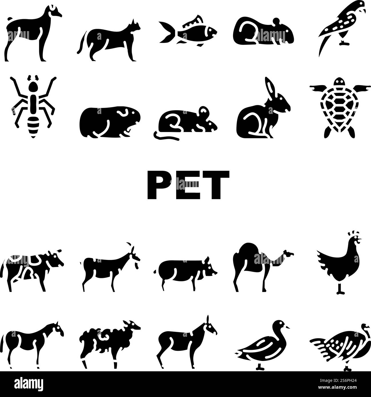 PET Domestic, Farm and Sea Aqua Icons Set Vector. Topi e criceti, cucciolo di cane e gatto gatto, cavallo e cammello, pappagallo e uccello di pollo, tartaruga e acquario pesci pittogrammi di glifo illustrazioni nere. PET Domestic, Farm and Sea Aqua Icons Set Vector Illustrazione Vettoriale