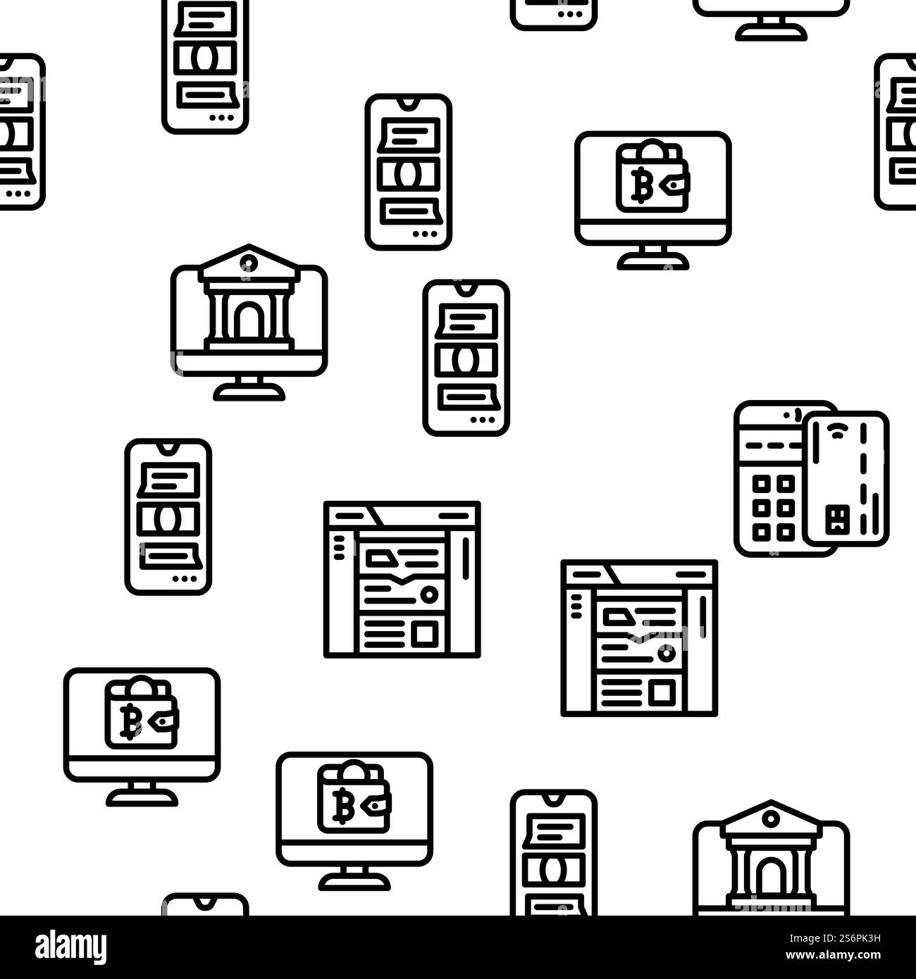 Illustrazione della linea sottile del modello trasparente del vettore software e della tecnologia finanziaria. Tecnologia finanziaria e software Vector Seamless Pattern Illustrazione Vettoriale