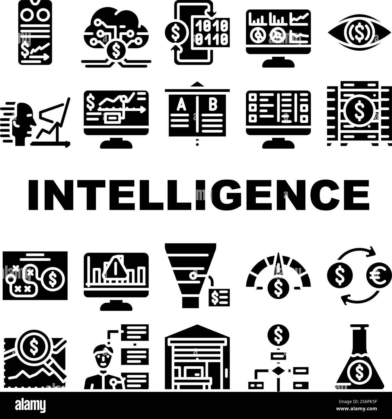 Le icone della tecnologia di Business Intelligence impostano Vector. Grafico e infografica di analisi e analisi della business intelligence, strategia e scienza digitali, pittogrammi glifi di mercato illustrazioni nere. Le icone della tecnologia di Business Intelligence impostano Vector Illustrazione Vettoriale