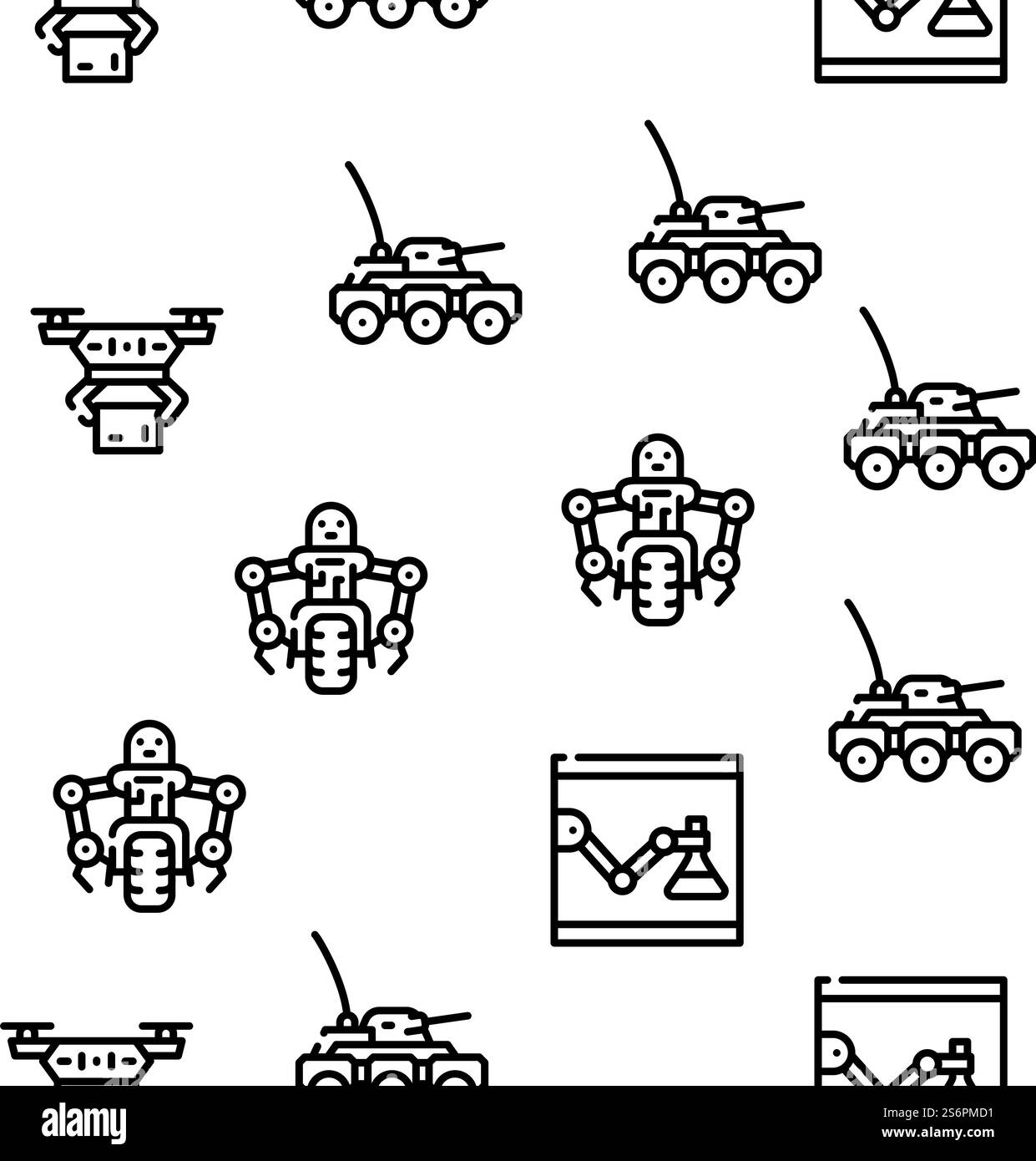 Illustrazione della linea sottile del modello senza cuciture del vettore delle apparecchiature elettroniche del futuro robot. Robot Future Electronic Equipment Vector Seamless Pattern Illustrazione Vettoriale