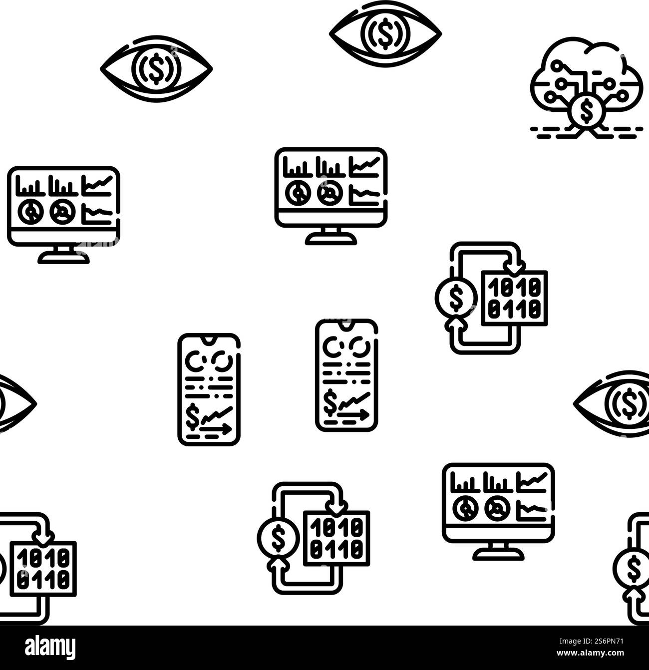 Illustrazione della linea sottile del vettore della tecnologia Business Intelligence. Business Intelligence Technology Vector Seamless Pattern Illustrazione Vettoriale