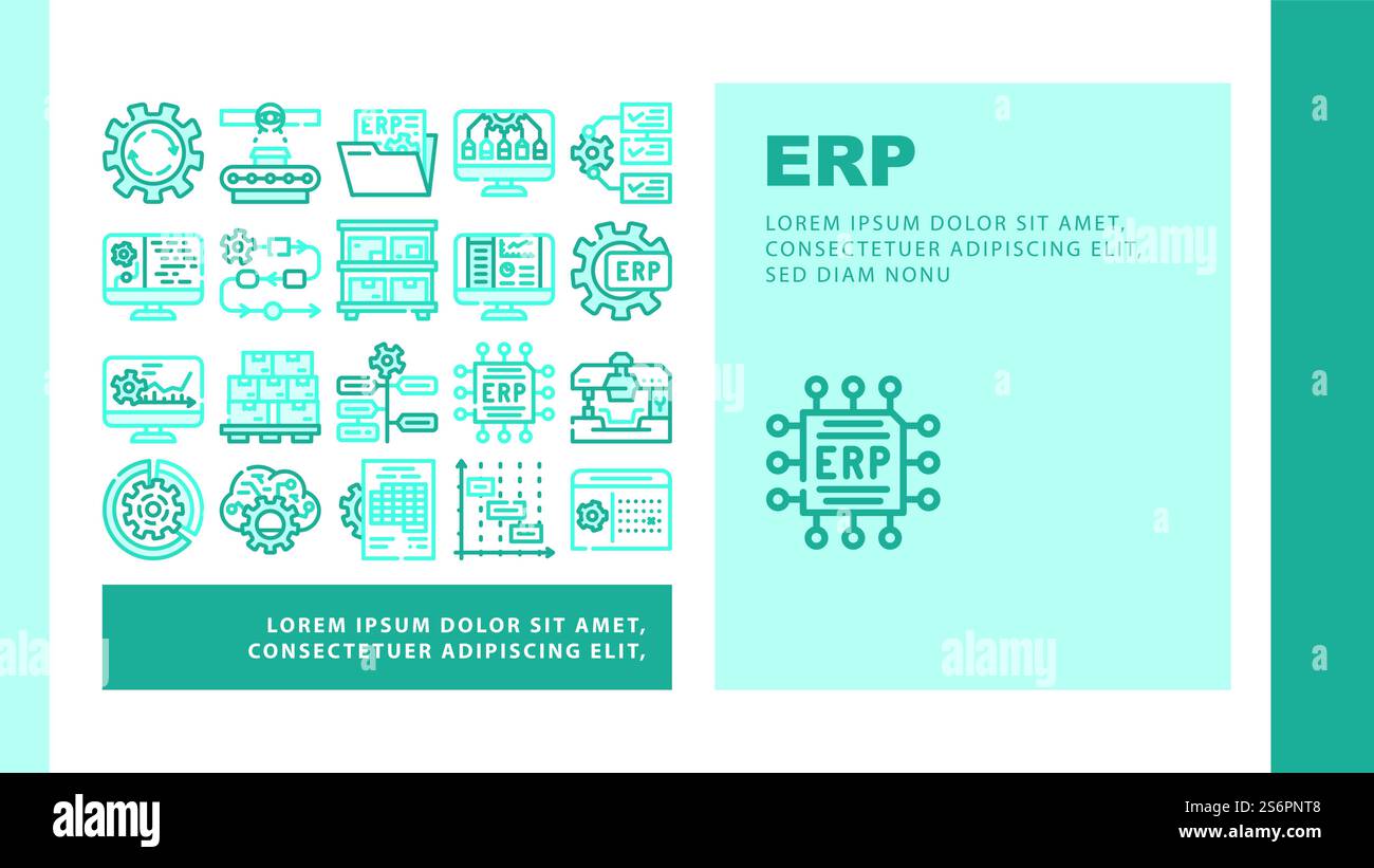 ERP Enterprise Resource Planning Landing Web Page Header Banner Template Vector ERP Working Process and Goods Production Control, Time Intervals and Deadline, Reporting System Illustration. Vettore di intestazione ERP Enterprise Resource Planning Illustrazione Vettoriale