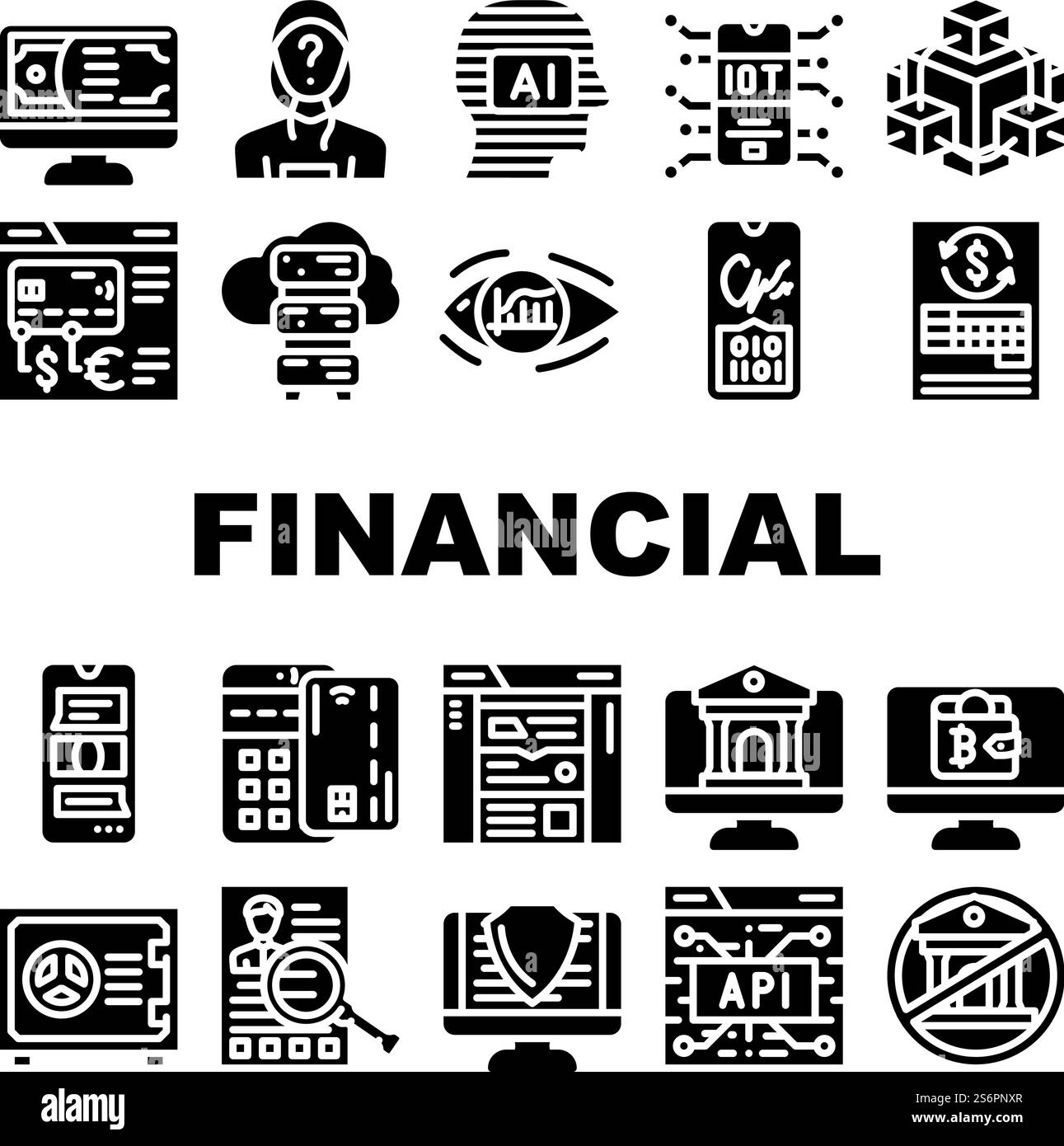 Icone software e tecnologia finanziaria Set Vector. API e tecnologia finanziaria IoT, Banca online e pagamenti con terminale POS carta di credito, pittogrammi di glifi di valuta cripto-monetaria illustrazioni nere. Icone software e tecnologia finanziaria Set Vector Illustrazione Vettoriale