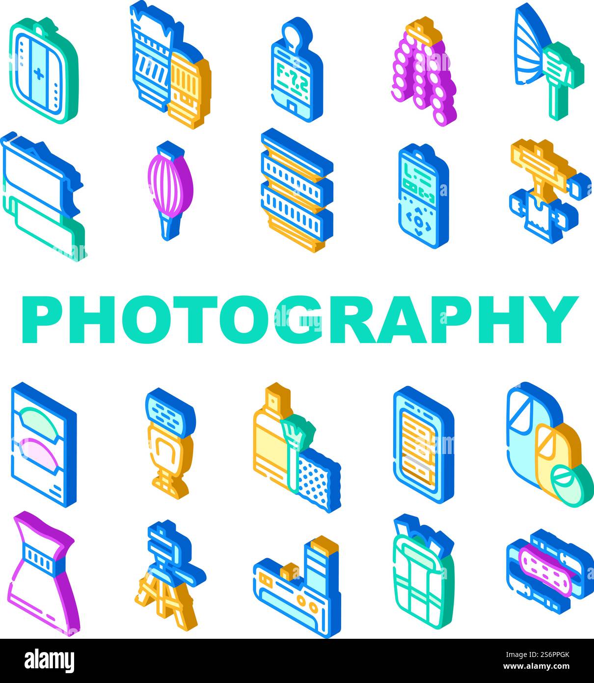 Strumento fotografico e icone degli accessori Imposta vettore. Obiettivi per fotocamera fotografica e filtri di luce, treppiede flessibile e sfondo per una fotografia di qualità. Illustrazione dei colori del segno isometrico della confezione della batteria. Strumento fotografico e icone degli accessori Imposta vettore Illustrazione Vettoriale