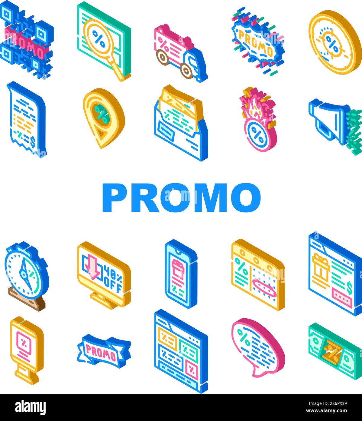 Le icone dei coupon promozionali e pubblicitari impostano il vettore. Codice QR sullo sconto di vendita e newsletter con pubblicità Messenger, banner promozionale e illustrazioni a colori del segno isometrico della barra multifunzione promozionale. Le icone dei coupon promozionali e pubblicitari impostano il vettore Illustrazione Vettoriale