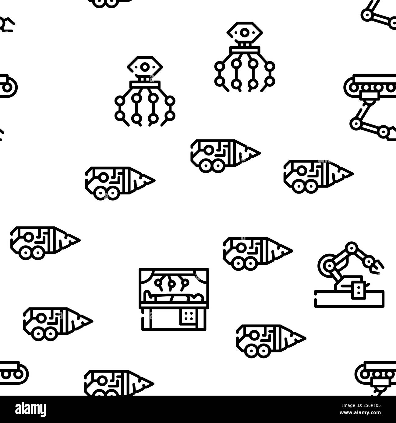 Illustrazione della linea sottile del modello senza cuciture del vettore delle apparecchiature elettroniche del futuro robot. Robot Future Electronic Equipment Vector Seamless Pattern Illustrazione Vettoriale