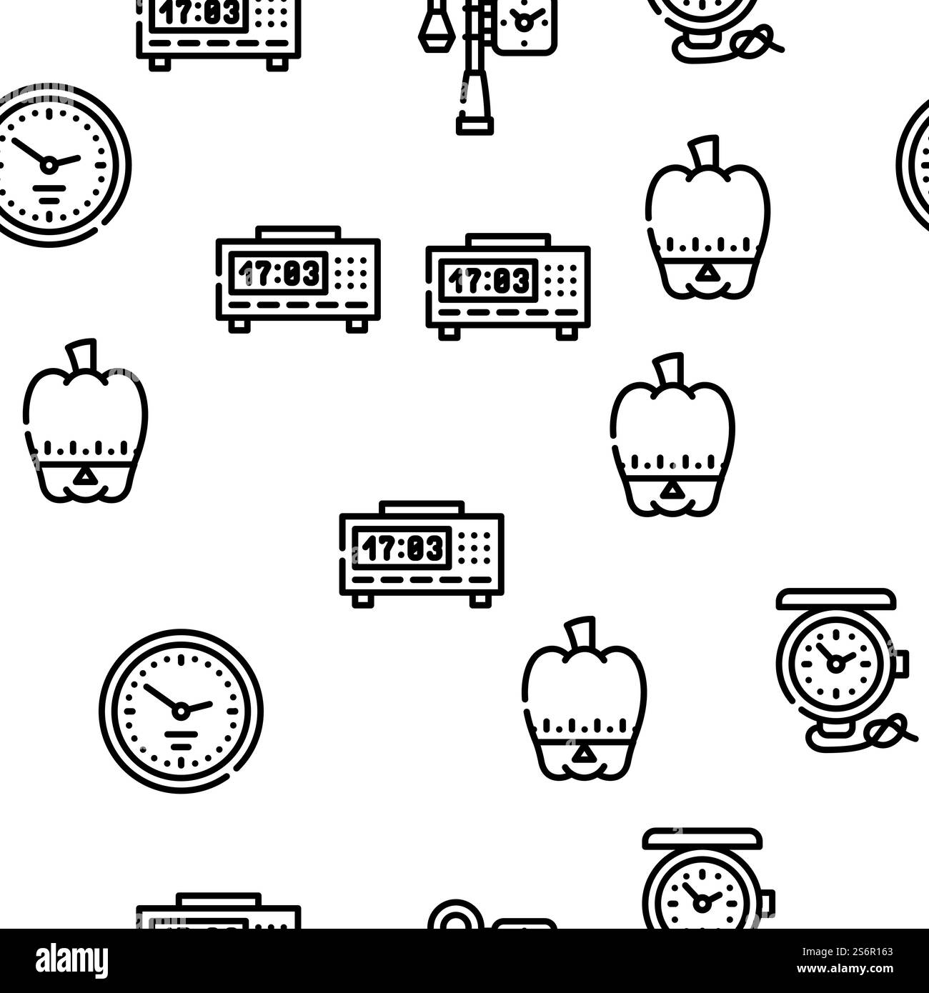 Illustrazione della linea sottile del modello senza cuciture del vettore dell'apparecchiatura orologio e del tempo di visualizzazione. Orologio e tempo di visualizzazione strumento Vector Seamless Pattern Illustrazione Vettoriale