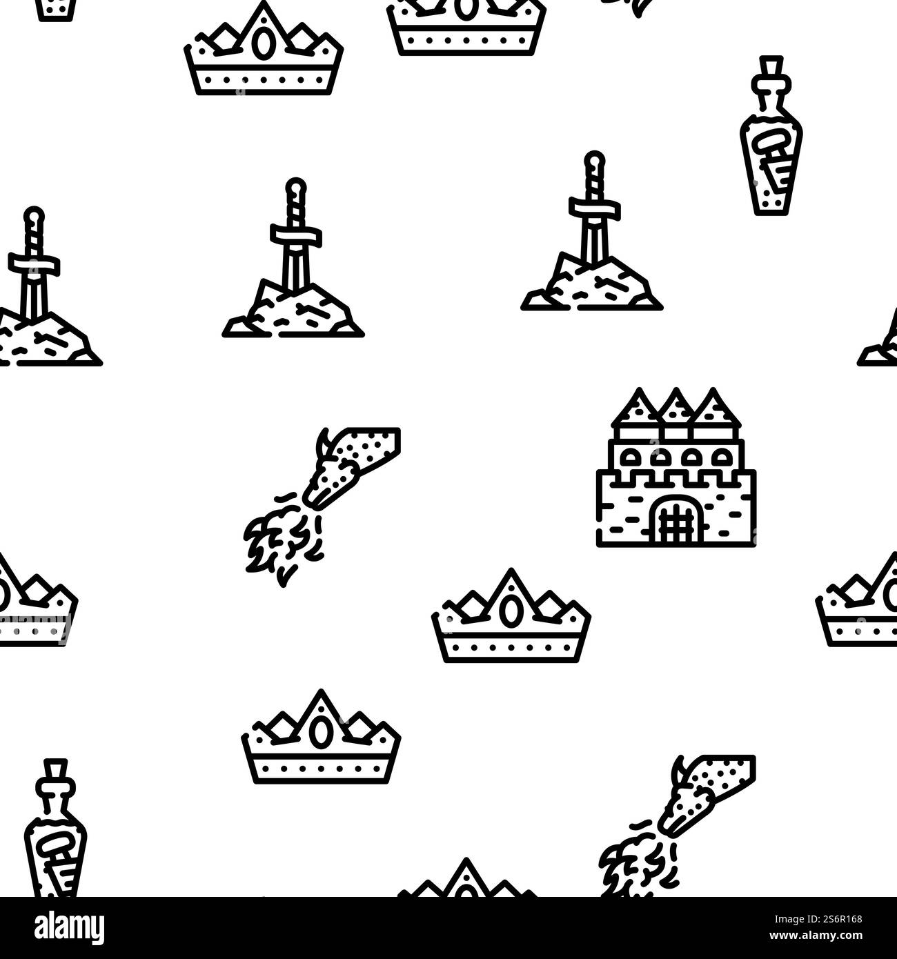 Fairy tale Story Medieval Book Vector, illustrazione a linee sottili e senza cuciture. Fairy tale Story Medieval Book Vector Seamless Pattern Illustrazione Vettoriale