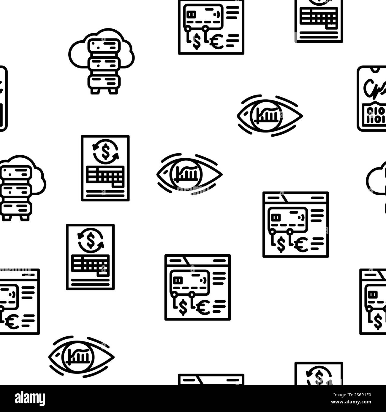 Illustrazione della linea sottile del modello trasparente del vettore software e della tecnologia finanziaria. Tecnologia finanziaria e software Vector Seamless Pattern Illustrazione Vettoriale