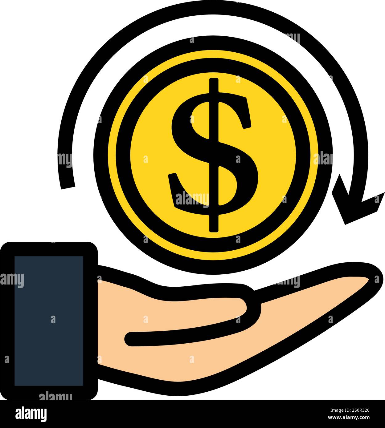 Icona Cash Back Coin to Hand. Contorno grassetto modificabile con disegno riempimento colore. Illustrazione vettoriale. Illustrazione Vettoriale