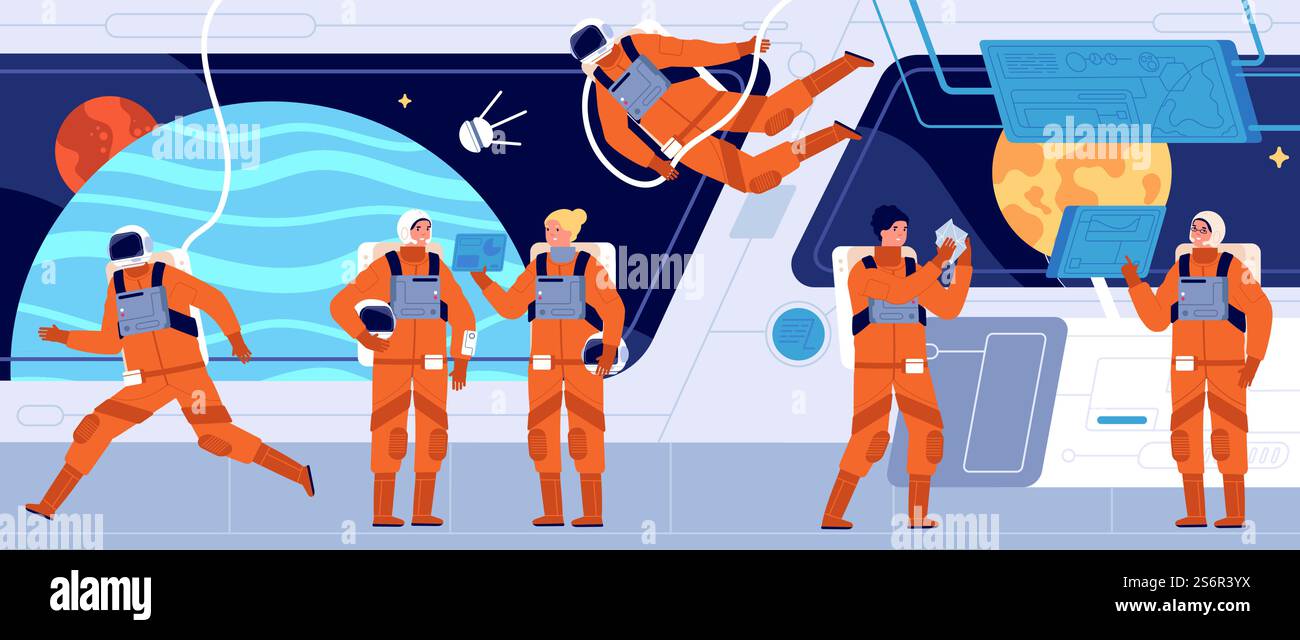 Equipaggio di una nave spaziale. Interno della stazione di bordo, cruscotto della cabina del veicolo spaziale e ingegnere. Astronauta donna interstellare o concetto di vettore totale cosmonauta. Illustrazione astronave interna con equipaggio. Equipaggio di una nave spaziale. Interno della stazione di bordo, cruscotto della cabina del veicolo spaziale e ingegnere. Astronauta donna interstellare o concetto di vettore totale cosmonauta Illustrazione Vettoriale