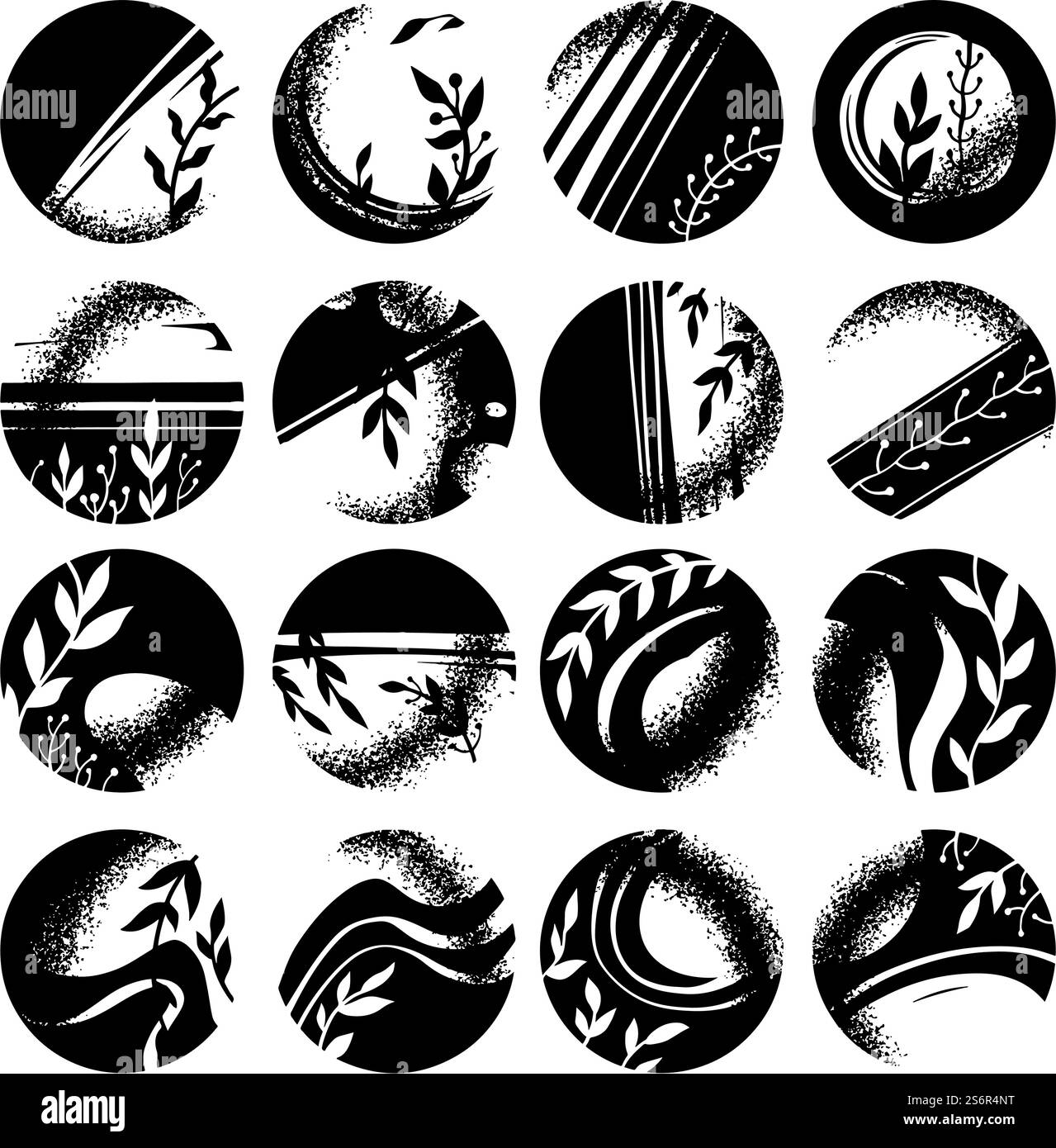 Punti salienti per storie o avatar sui social media, icone isolate arrotondate con flora e foglie. Tessuti alla moda e contemporanei. Marketing e pubblicità. Immagine vettoriale in stile piatto. Le storie più importanti, la flora monocromatica e le foglie Illustrazione Vettoriale