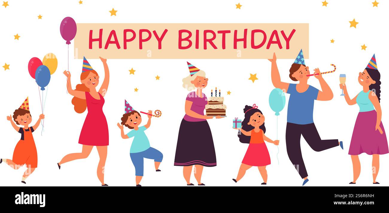 Concetto di festa di buon compleanno. Evento familiare, le persone festeggiano e si congratulano. Persona felice con un regalo e una torta un buon banner vettoriale per le feste. Festa illustrativa compleanno, buona festa. Concetto di festa di buon compleanno. Evento familiare, le persone festeggiano e si congratulano. Persona felice con un regalo e una torta un buon banner vettoriale per le feste Illustrazione Vettoriale