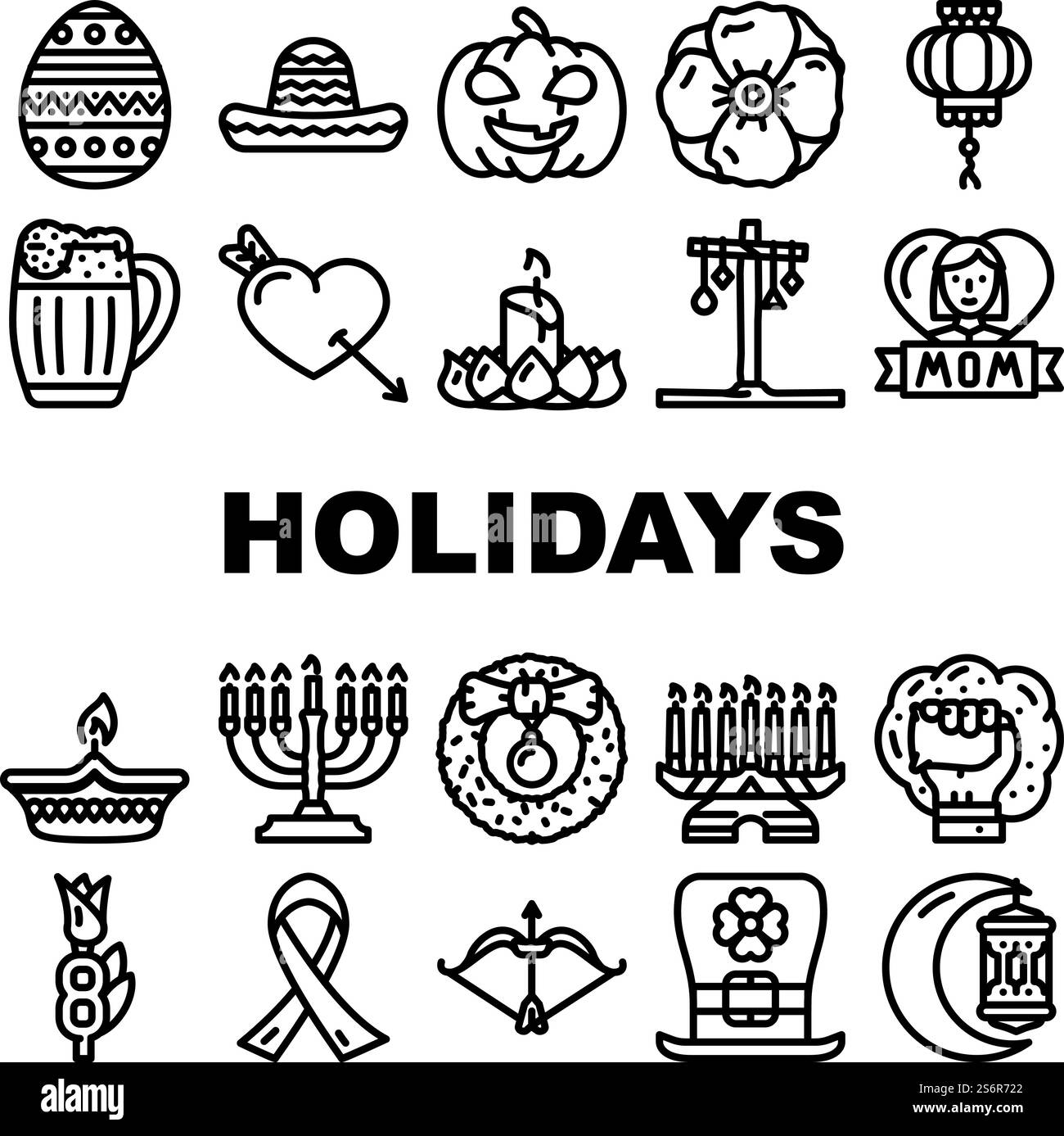 Icone accessori festività natalizie Set Vector. Festa della madre e 8 marzo giornata internazionale della donna, Holi e Halloween, Natale e Capodanno cinese festeggiano le feste illustrazioni di contorno nero. Icone accessori festività natalizie Set Vector Illustrazione Vettoriale