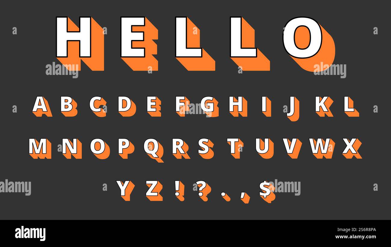 carattere 3d. Alfabeto del volume, lettere e segni retrò. Salve, illustrazione vettoriale dei caratteri decorativi. Caratteri di tipo ABC, tipografia alfabetica delle lettere. carattere 3d. Alfabeto del volume, lettere e segni retrò. Salve, illustrazione vettoriale dei caratteri decorativi Illustrazione Vettoriale