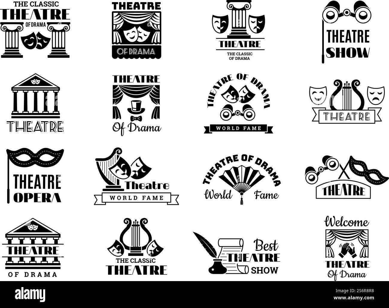 Badge Theatre. Emblema di Broadway spettacolo festa logo vintage simboli cinematografici recenti illustrazioni vettoriali. Emblema dell'intrattenimento monocromatico del teatro. Badge Theatre. Emblema di Broadway spettacolo festa logo vintage simboli cinematografici recenti illustrazioni vettoriali Illustrazione Vettoriale