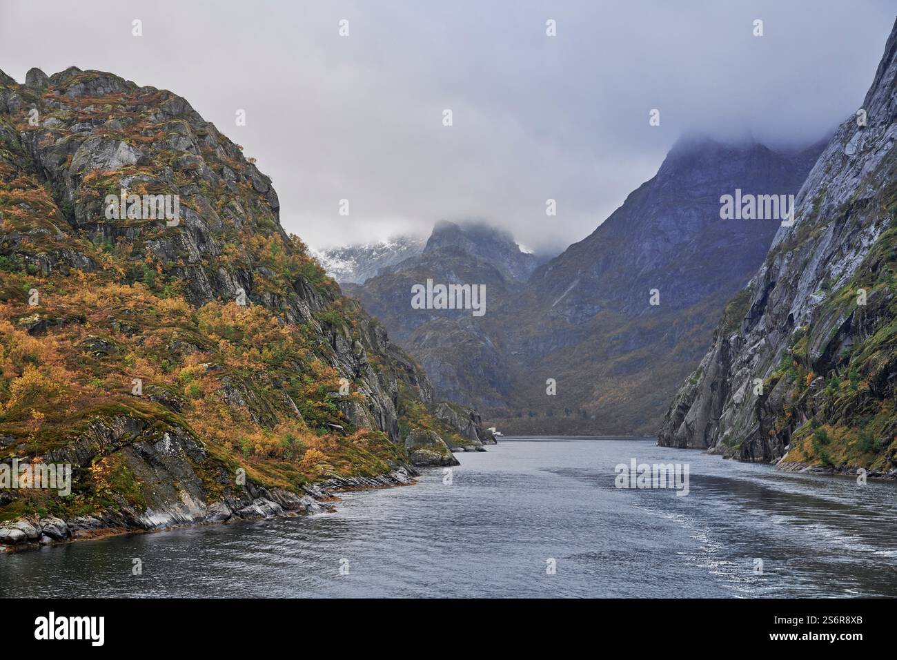 Naviga lungo la costa della Norvegia, l'arcipelago delle Lofoten, lo stretto canale del Trollfjord, le scogliere ripide, l'uscita dal fiordo a Raftsundet Foto Stock