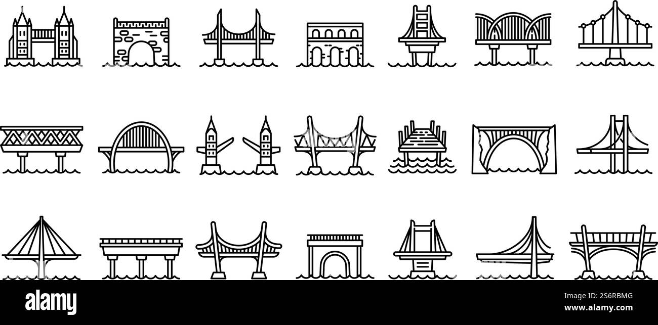 Set di icone dei ponti. Contorno delle icone vettoriali dei ponti per la progettazione Web isolate su sfondo bianco. Set di icone dei ponti, stile del contorno Illustrazione Vettoriale