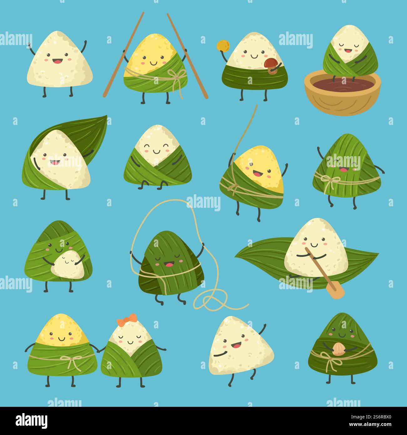 Gnocchi di cartoni animati. Dragon Boat Festival, simpatici adesivi per gnocchi di riso. Cibo estivo asiatico comico zongzi, adorabili caratteri vettoriali delle festività cinesi. Riso cinese a gnocchi, cibo tradizionale. Gnocchi di cartoni animati. Dragon Boat Festival, simpatici adesivi per gnocchi di riso. Cibo estivo asiatico comico zongzi, adorabili caratteri vettoriali delle festività cinesi Illustrazione Vettoriale