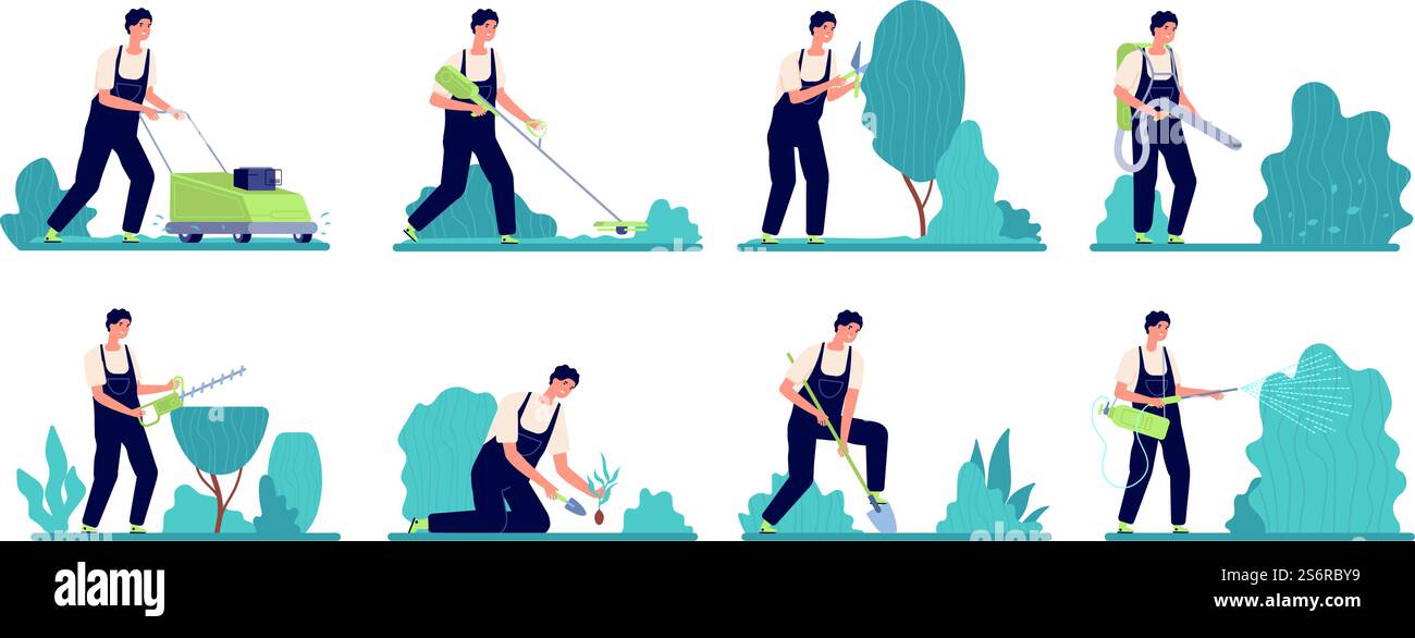 Giardiniere. Lavoro da persona, agricoltura biologica rurale o servizi di giardinaggio nel cortile. Set professionale di piante di cespuglio e vettoriali per la cura delle aziende agricole. Illustrazione del lavoro rurale, dell'agricoltura biologica. Giardiniere. Lavoro da persona, agricoltura biologica rurale o servizi di giardinaggio nel cortile. Set professionale di piante di cespuglio e vettoriali per la cura delle aziende agricole Illustrazione Vettoriale
