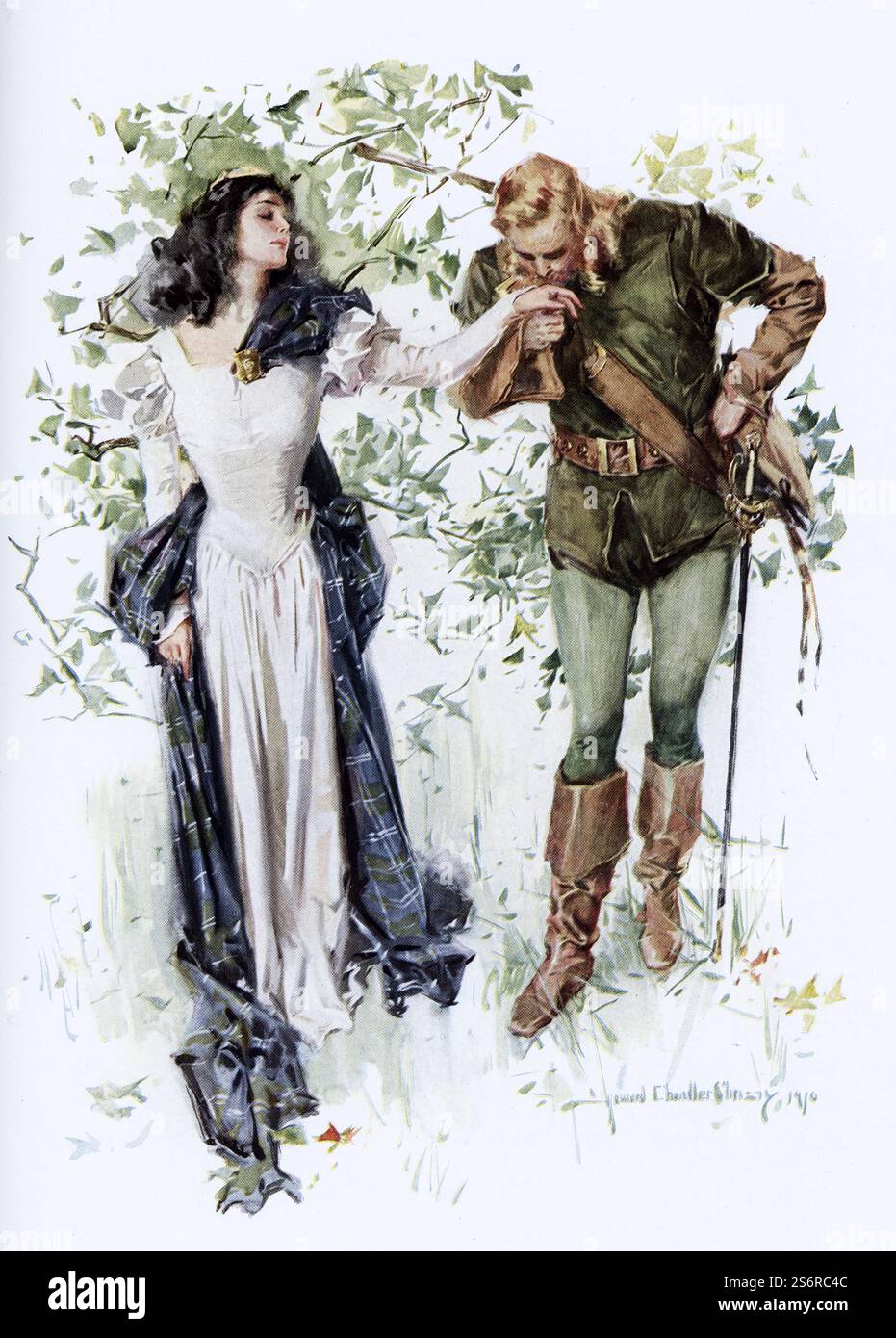 Questa illustrazione tratta da un'edizione del 1910 di The Lady of the Lake di Sir Walter Scott ha la seguente didascalia: "Colpita dopo il loro primo incontro James torna sull'isola per corteggiare Ellen". The Lady of the Lake di Sir Walter Scott fu pubblicato da Richard Scott di New York nel 1813. Il poema a sei canti racconta la storia della lotta di re Giacomo V contro James Douglas, e l'affetto di tre pretendenti verso la figlia di James Douglas, Ellen. La narrazione si svolge nell'arco di sei giorni nella regione scozzese di Trossachs, principalmente Ellen's Isle nel Loch Katrine. Alla fine si scopre che uno dei pretendenti Foto Stock