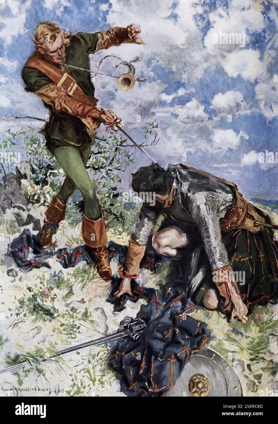 Questa illustrazione tratta da un'edizione del 1910 di The Lady of the Lake di Sir Walter Scott ha la seguente didascalia: "Due uomini che combattono con le spade". I due uomini sono Roderick e James. The Lady of the Lake di Sir Walter Scott fu pubblicato da Richard Scott di New York nel 1813. Il poema a sei canti racconta la storia della lotta di re Giacomo V contro James Douglas, e l'affetto di tre pretendenti verso la figlia di James Douglas, Ellen. La narrazione si svolge nell'arco di sei giorni nella regione scozzese di Trossachs, principalmente Ellen's Isle nel Loch Katrine. Alla fine si scopre che uno dei pretendenti è dentro Foto Stock