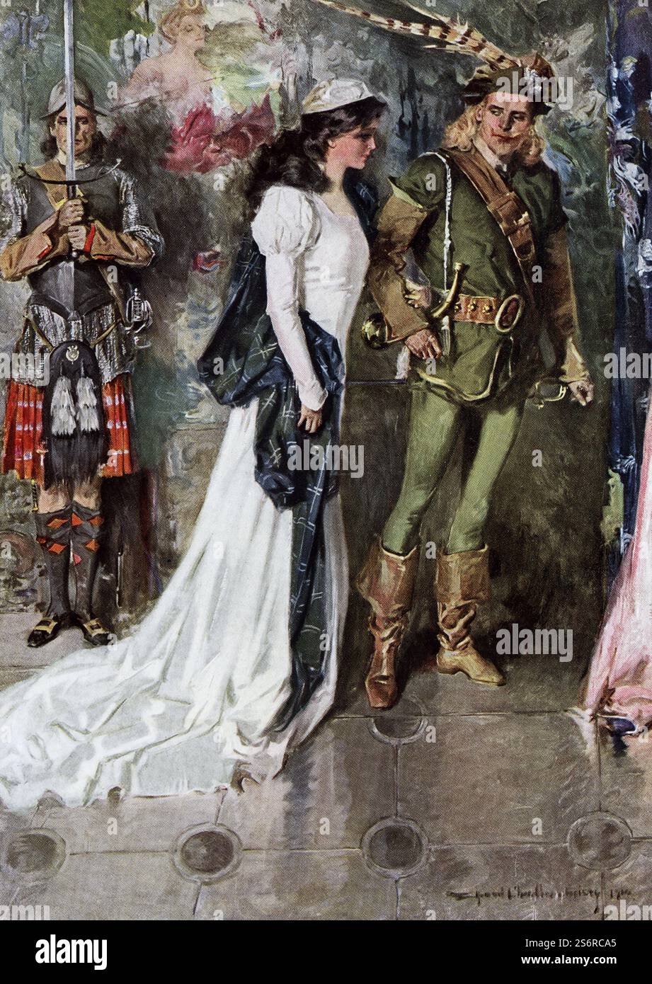 Questa illustrazione tratta da un'edizione del 1910 di The Lady of the Lake di Sir Walter Scott ha la seguente didascalia: "Ellen che tiene per mano con Guy with Horn". The Lady of the Lake di Sir Walter Scott fu pubblicato da Richard Scott di New York nel 1813. Il poema a sei canti racconta la storia della lotta di re Giacomo V contro James Douglas, e l'affetto di tre pretendenti verso la figlia di James Douglas, Ellen. La narrazione si svolge nell'arco di sei giorni nella regione scozzese di Trossachs, principalmente Ellen's Isle nel Loch Katrine. Alla fine si scopre che uno dei pretendenti è in realtà James V, e James Do Foto Stock