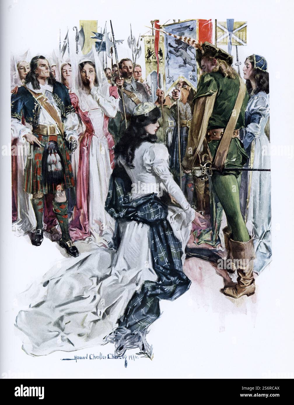 Questa illustrazione tratta da un'edizione del 1910 di The Lady of the Lake di Sir Walter Scott ha la seguente didascalia: "Ellen si rende conto in un lampo che James è re Giacomo e cade in ginocchio". The Lady of the Lake di Sir Walter Scott fu pubblicato da Richard Scott di New York nel 1813. Il poema a sei canti racconta la storia della lotta di re Giacomo V contro James Douglas, e l'affetto di tre pretendenti verso la figlia di James Douglas, Ellen. La narrazione si svolge nell'arco di sei giorni nella regione scozzese di Trossachs, principalmente Ellen's Isle nel Loch Katrine. Alla fine viene rivelato che uno dei suito Foto Stock